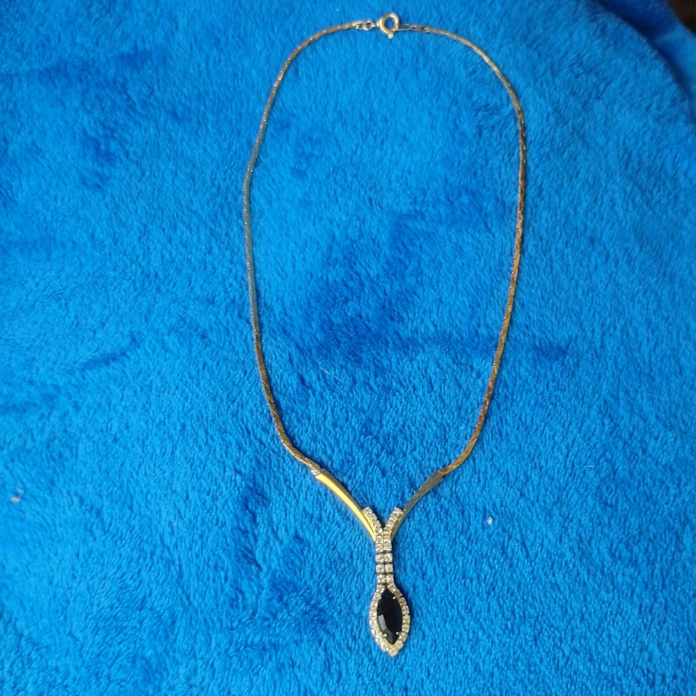 Vintage Crystal Black Glass Rhinestone Y-Drop Gold Tone Triangle Chain Necklace